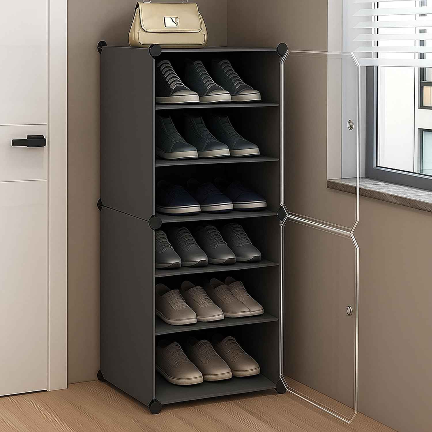 AYSIS Plastic Shoe Rack for Home | 𝟏𝟐 𝐒𝐡𝐞𝐥𝐟 DIY Shoe Rack with Door for Home Storage Plastic Box Organizer, Metal Door Frame, Chappal Slipper Sandals Stand (Black, 12-Shelf-4-Door)