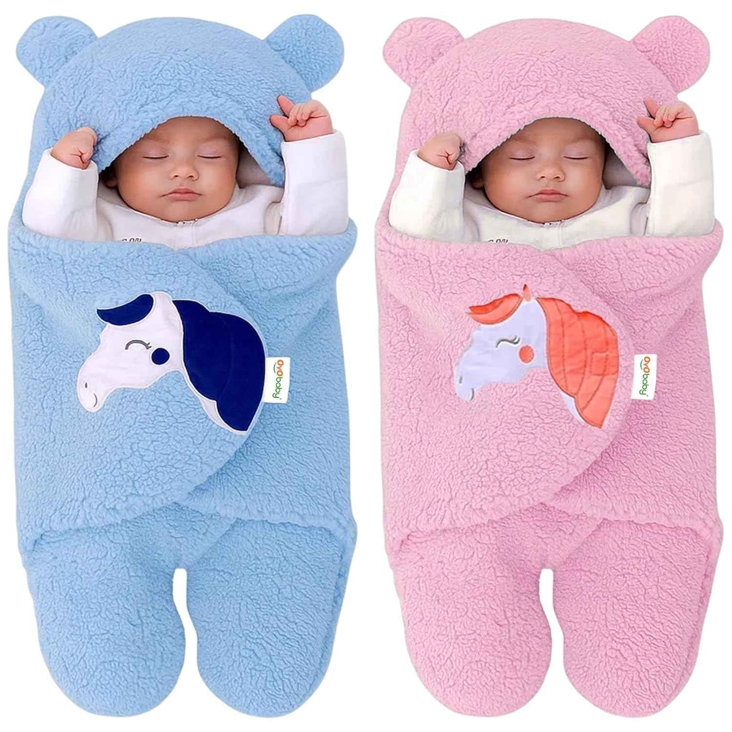 OYO BABY Newborn Hooded Swaddle Blanket Combo – Wearable Wrapper Sleeping Bags (0-6 Months, 72x68cm), Blue & White, I Love MOM & PAPA Embroidery