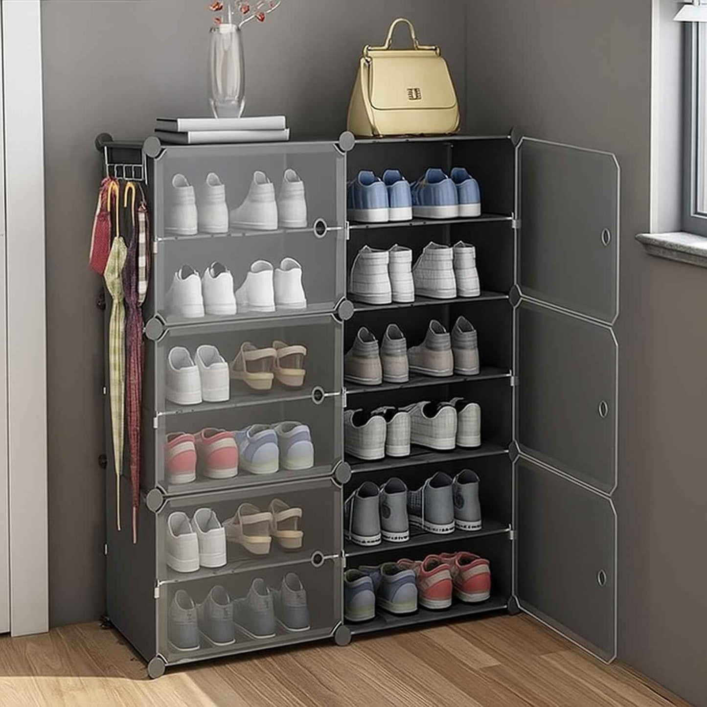 AYSIS Plastic Shoe Rack for Home | 𝟏𝟐 𝐒𝐡𝐞𝐥𝐟 DIY Shoe Rack with Door for Home Storage Plastic Box Organizer, Metal Door Frame, Chappal Slipper Sandals Stand (Black, 12-Shelf-4-Door)