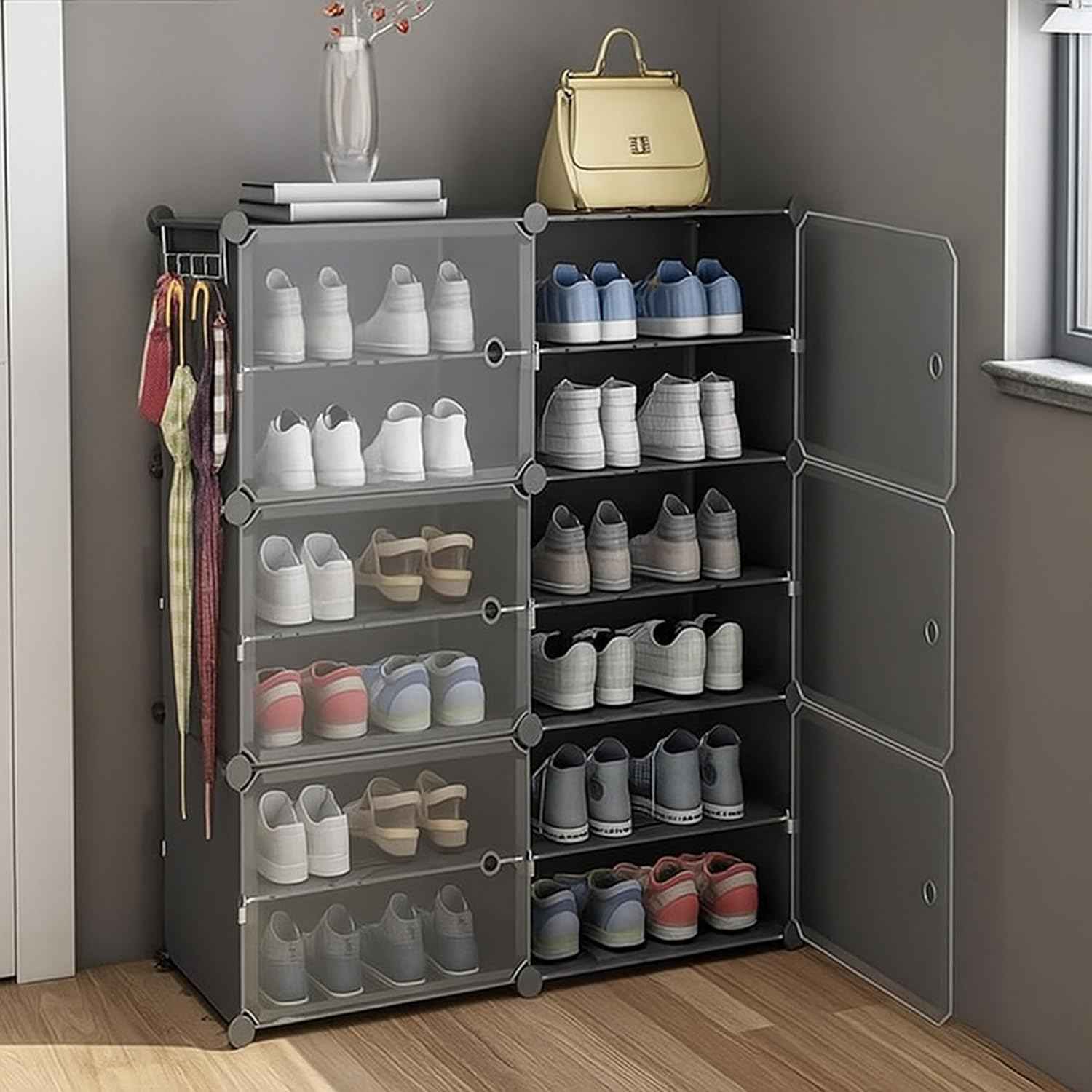 AYSIS Plastic Shoe Rack for Home | 𝟏𝟐 𝐒𝐡𝐞𝐥𝐟 DIY Shoe Rack with Door for Home Storage Plastic Box Organizer, Metal Door Frame, Chappal Slipper Sandals Stand (Black, 12-Shelf-4-Door)