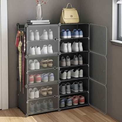 AYSIS Plastic Shoe Rack for Home | 𝟏𝟐 𝐒𝐡𝐞𝐥𝐟 DIY Shoe Rack with Door for Home Storage Plastic Box Organizer, Metal Door Frame, Chappal Slipper Sandals Stand (Black, 12-Shelf-4-Door)