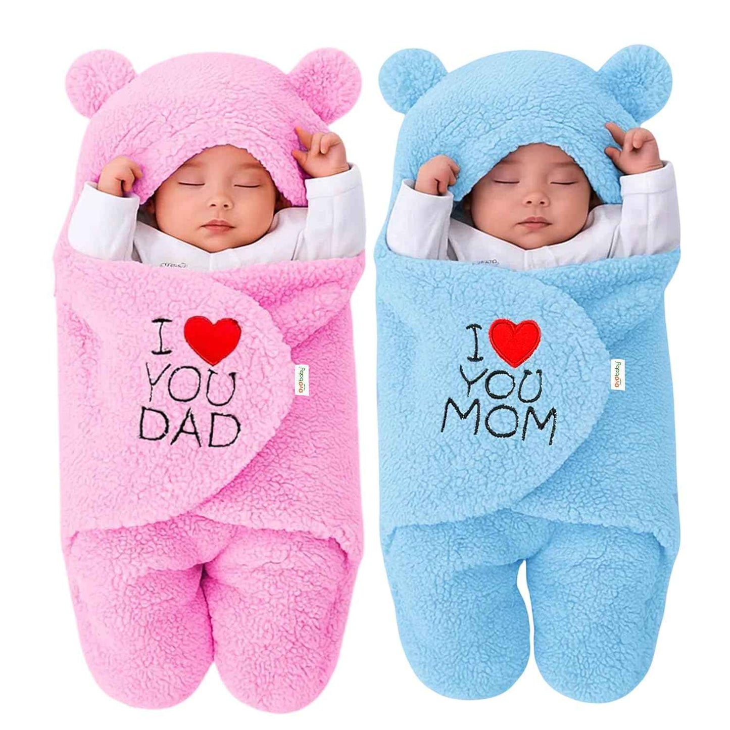 OYO BABY Newborn Hooded Swaddle Blanket Combo – Wearable Wrapper Sleeping Bags (0-6 Months, 72x68cm), Blue & White, I Love MOM & PAPA Embroidery