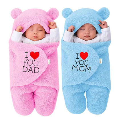 OYO BABY Newborn Hooded Swaddle Blanket Combo – Wearable Wrapper Sleeping Bags (0-6 Months, 72x68cm), Blue & White, I Love MOM & PAPA Embroidery