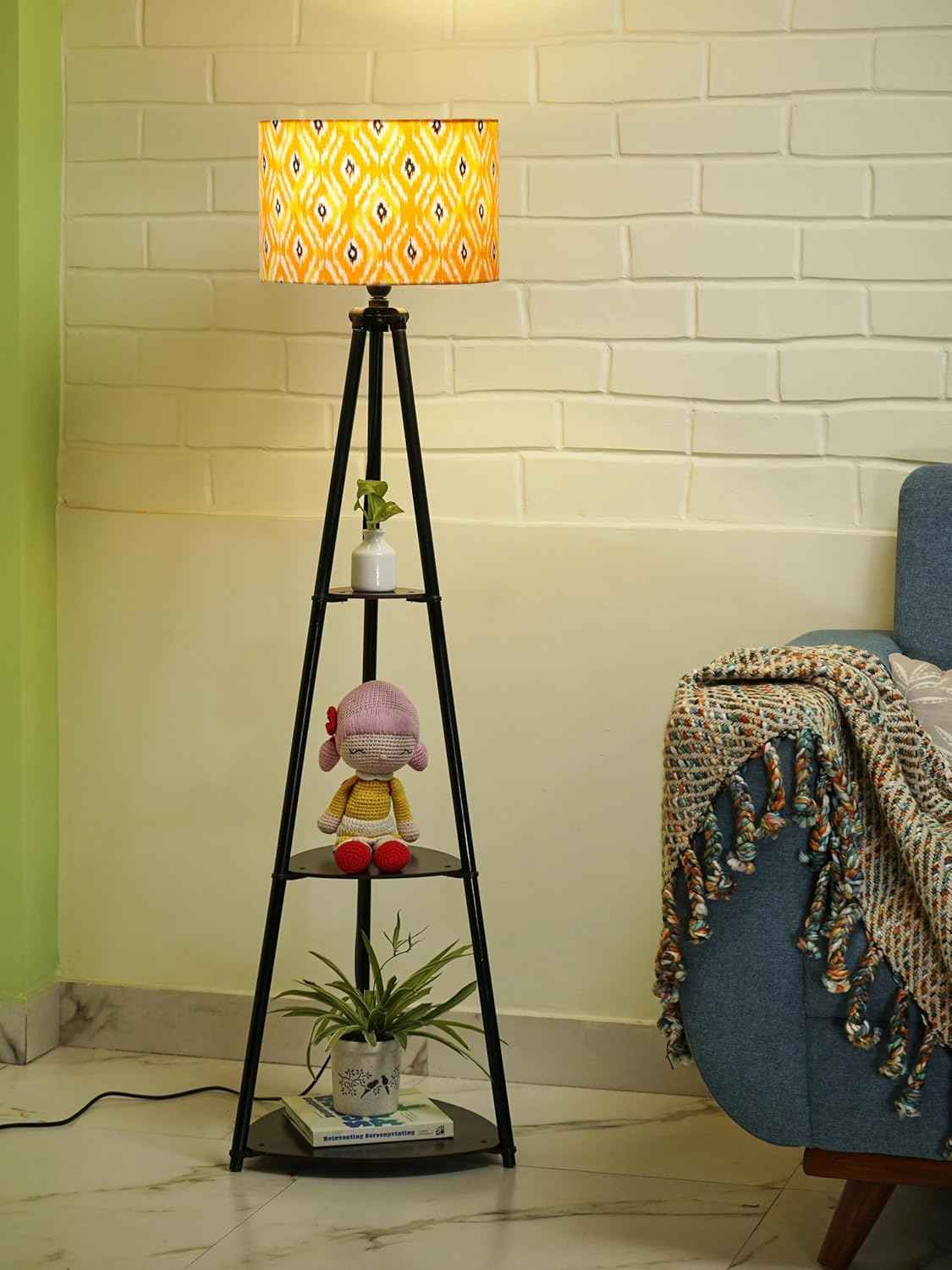 Crosscut Furniture LED Tripod Floor Lamp with 3 Shelves, Brown Jute, Metal Corner Floor Lamp, for Decoration and Gifting