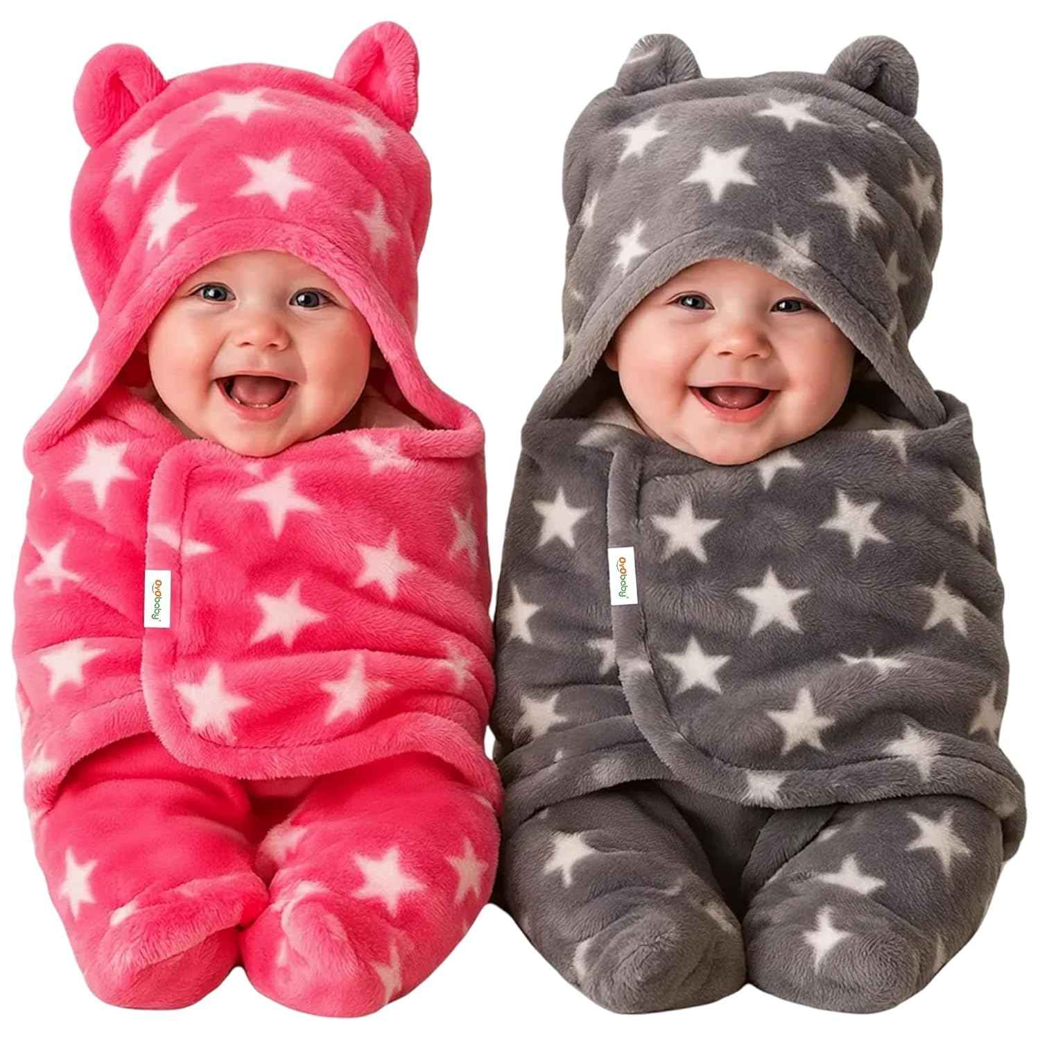 OYO BABY Newborn Hooded Swaddle Blanket Combo – Wearable Wrapper Sleeping Bags (0-6 Months, 72x68cm), Blue & White, I Love MOM & PAPA Embroidery