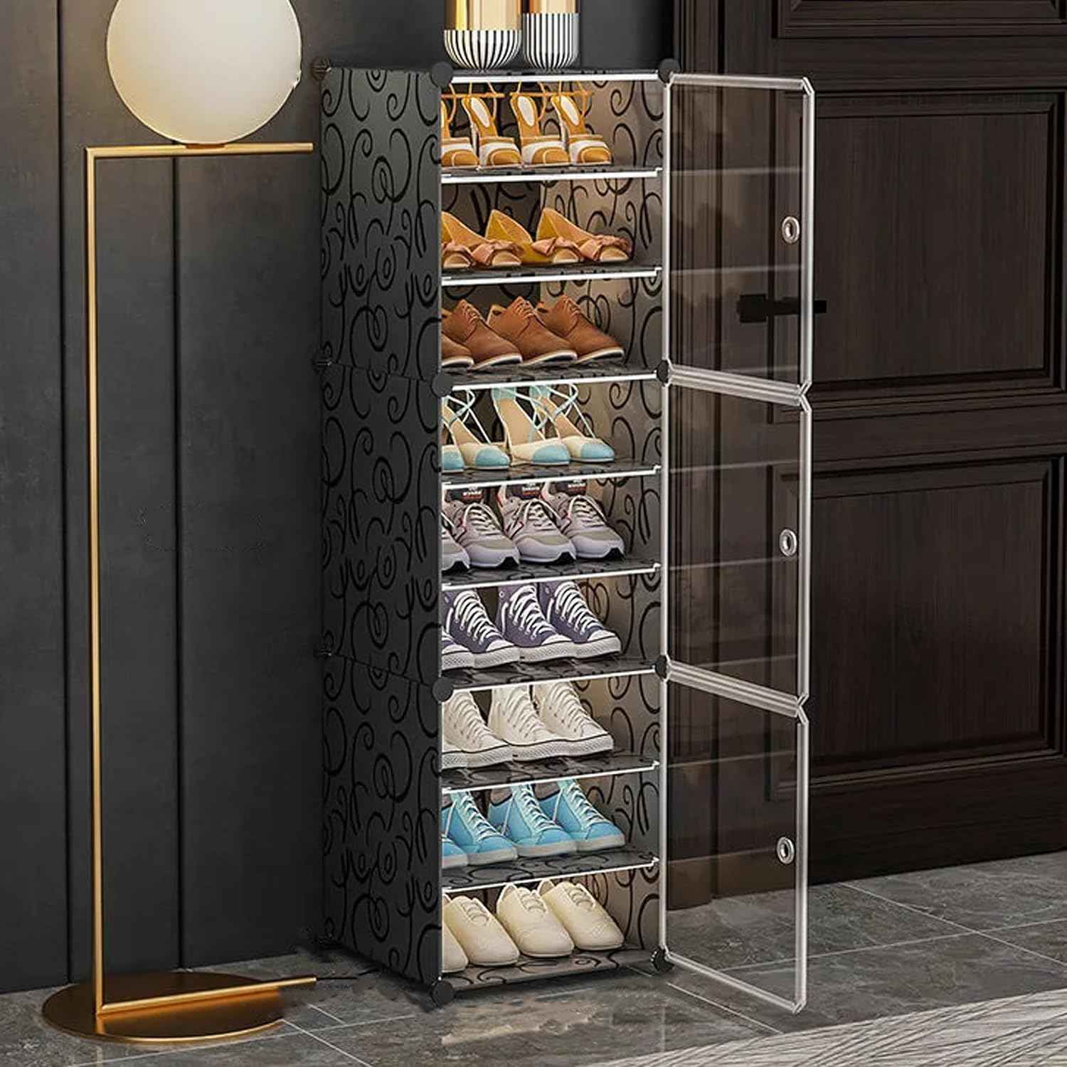 AYSIS Plastic Shoe Rack for Home | 𝟏𝟐 𝐒𝐡𝐞𝐥𝐟 DIY Shoe Rack with Door for Home Storage Plastic Box Organizer, Metal Door Frame, Chappal Slipper Sandals Stand (Black, 12-Shelf-4-Door)