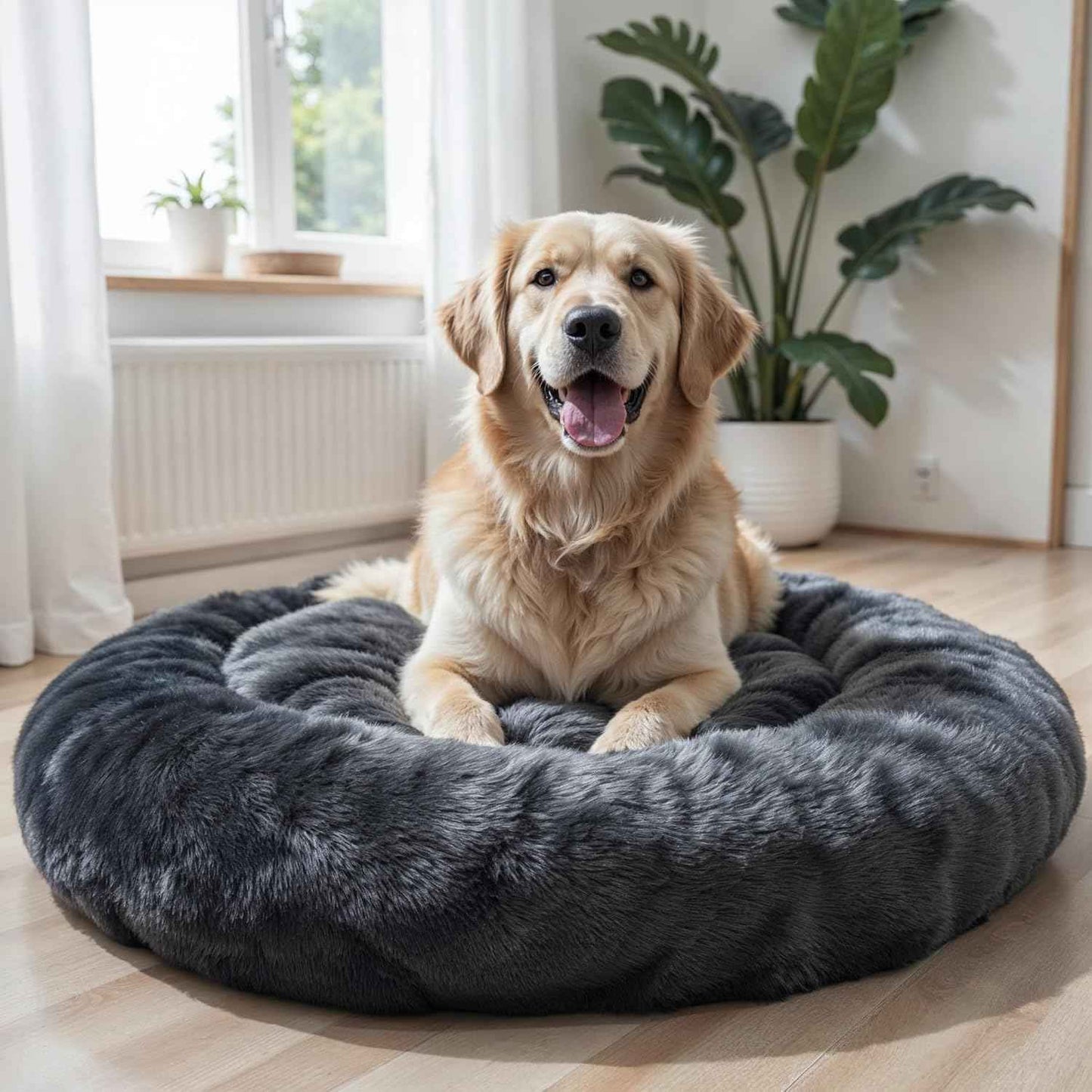 WOW DOG Calming Donut Bed for X-Large Dogs & Cats – 36"x36"x7" | Ultra-Soft Blue Gray Faux Fur | Anti-Anxiety Pet Bed for Cozy Deep Sleep