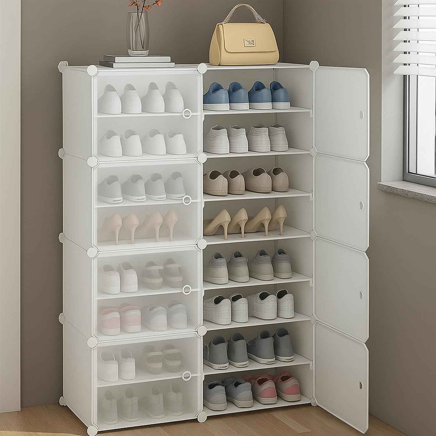 AYSIS Plastic Shoe Rack for Home | 𝟏𝟐 𝐒𝐡𝐞𝐥𝐟 DIY Shoe Rack with Door for Home Storage Plastic Box Organizer, Metal Door Frame, Chappal Slipper Sandals Stand (Black, 12-Shelf-4-Door)