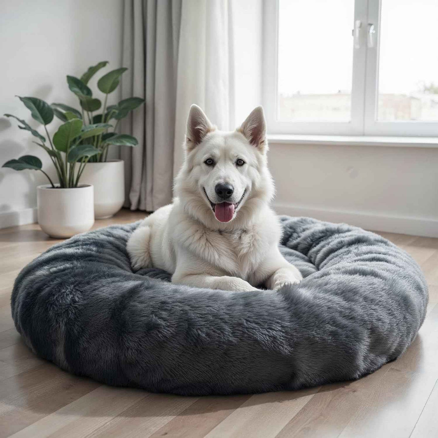 WOW DOG Calming Donut Bed for X-Large Dogs & Cats – 36"x36"x7" | Ultra-Soft Blue Gray Faux Fur | Anti-Anxiety Pet Bed for Cozy Deep Sleep