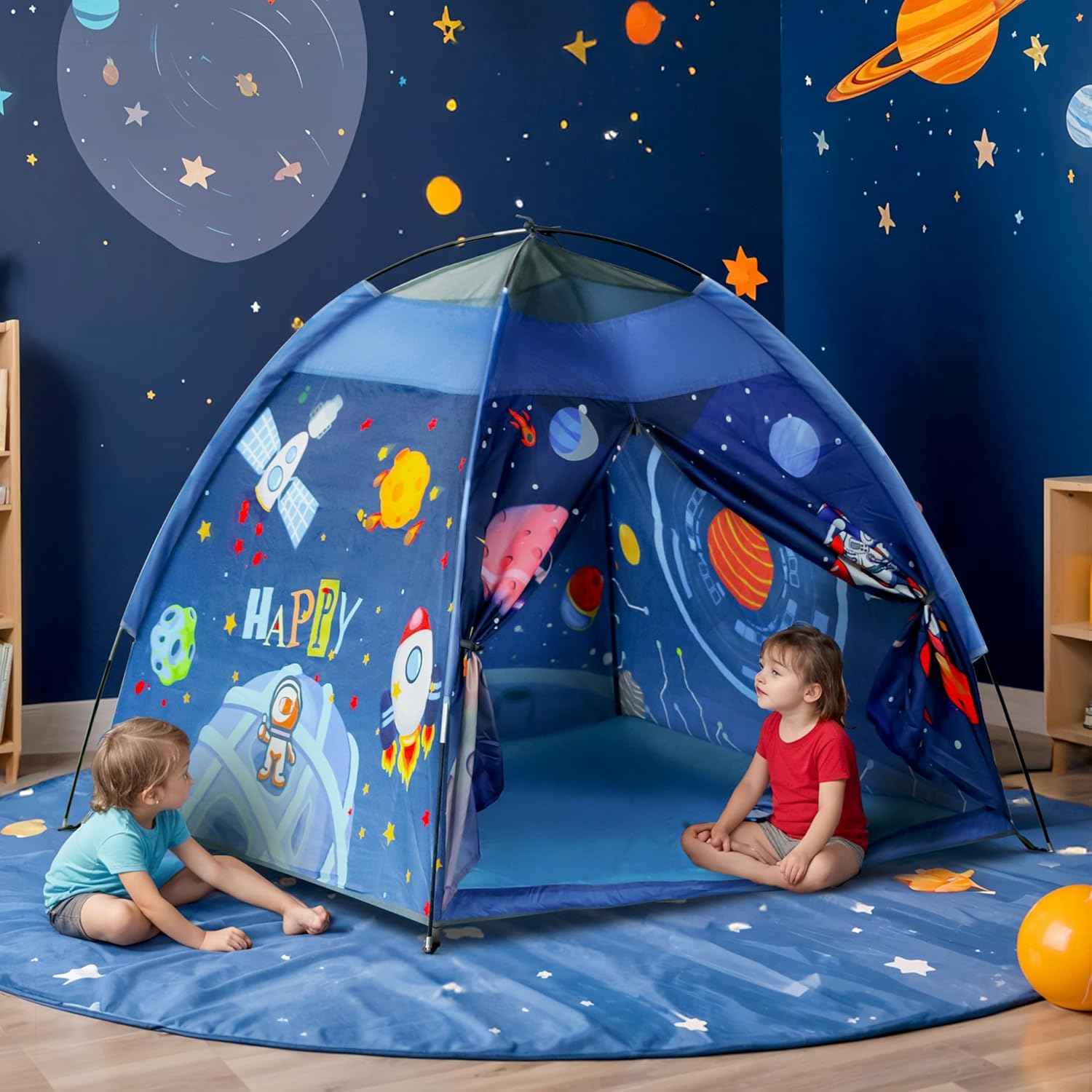Happy Bear Kids Play Tent House | Foldable & Lightweight Indoor/Outdoor Playhouse | Water-Repellent, Easy Assembly & Portable Storage Pouch | Ideal for 2+ Years Boys & Girls (Planet)