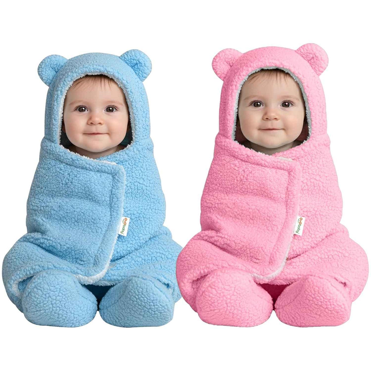 OYO BABY Newborn Hooded Swaddle Blanket Combo – Wearable Wrapper Sleeping Bags (0-6 Months, 72x68cm), Blue & White, I Love MOM & PAPA Embroidery