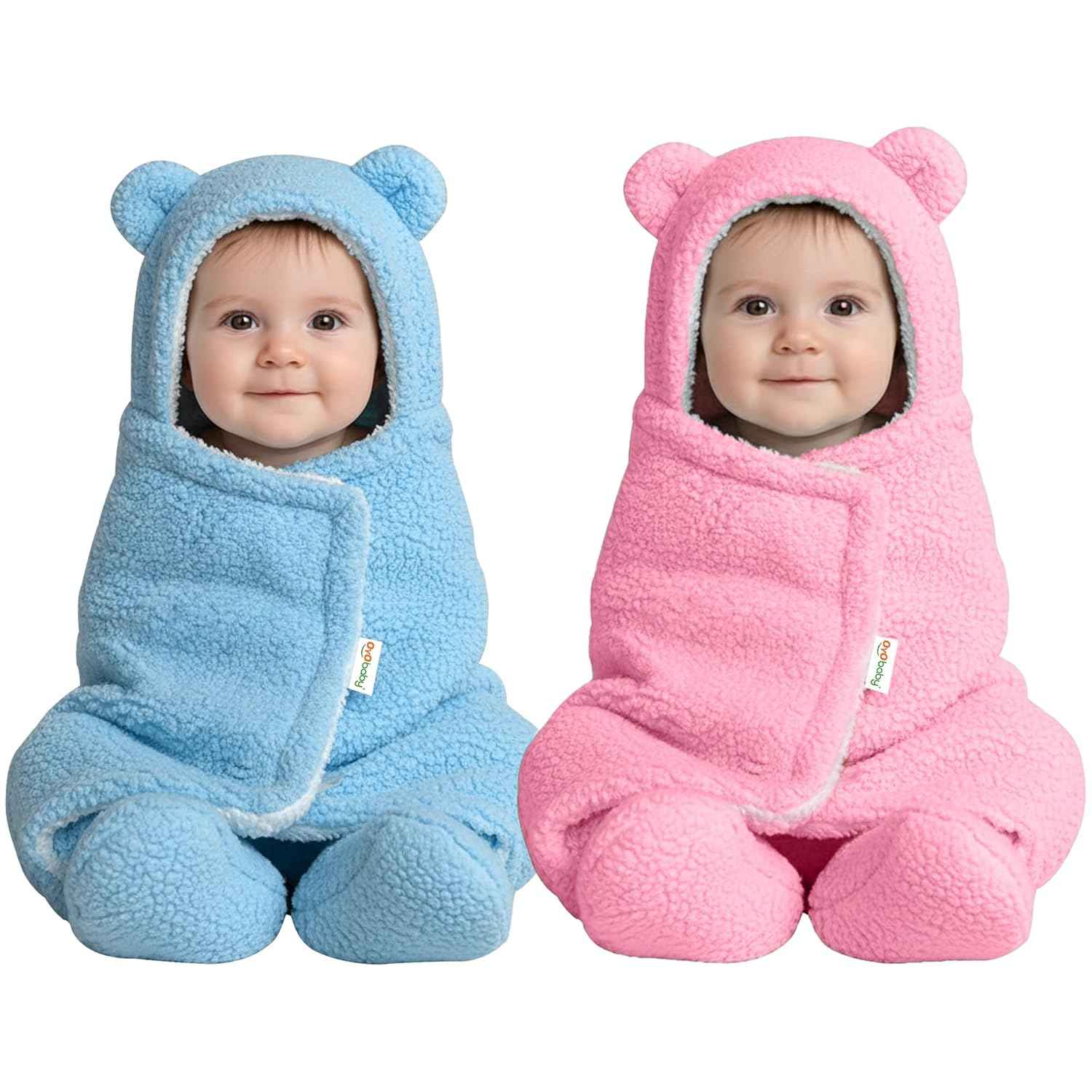 OYO BABY Newborn Hooded Swaddle Blanket Combo – Wearable Wrapper Sleeping Bags (0-6 Months, 72x68cm), Blue & White, I Love MOM & PAPA Embroidery