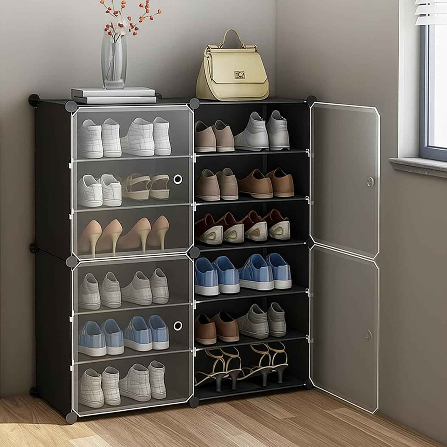 AYSIS Plastic Shoe Rack for Home | 𝟏𝟐 𝐒𝐡𝐞𝐥𝐟 DIY Shoe Rack with Door for Home Storage Plastic Box Organizer, Metal Door Frame, Chappal Slipper Sandals Stand (Black, 12-Shelf-4-Door)