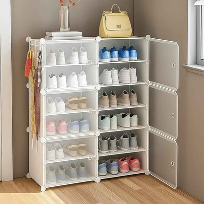 AYSIS Plastic Shoe Rack for Home | 𝟏𝟐 𝐒𝐡𝐞𝐥𝐟 DIY Shoe Rack with Door for Home Storage Plastic Box Organizer, Metal Door Frame, Chappal Slipper Sandals Stand (Black, 12-Shelf-4-Door)
