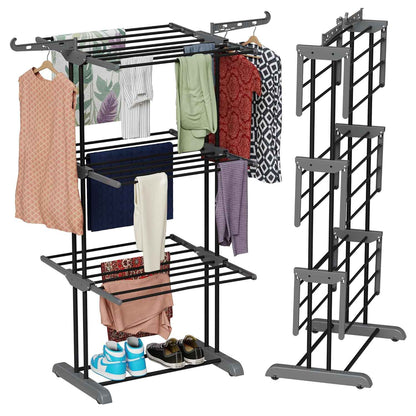 TEX-RO Clothes Drying Stand for Balcony/Cloth Dryer Stand/Cloth Stand for Drying Clothes Foldable/MS Pipe Clothes Hanging Stand/Portable Cloth Rack for Indoor (3 Layer, Grey and Black)