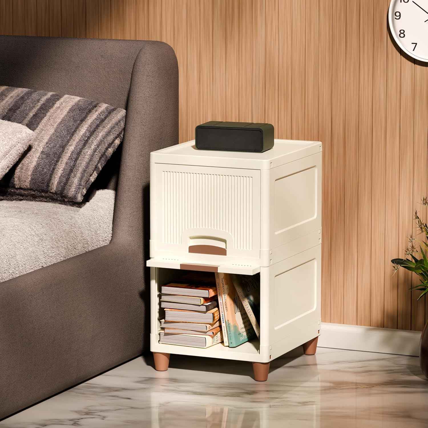 Amazon Basics Multi-Purpose Organizer | Modular Storage Box for Clothes, Kitchen, Bedroom & Living Room | Stackable Rack, Space-Saving Wardrobe Cabinet (Off White), 4 Piece, 33LX38WX27H cm