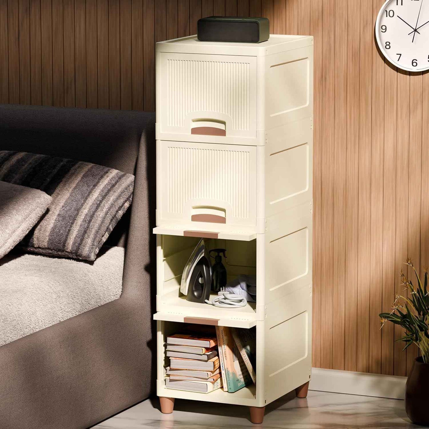 Amazon Basics Multi-Purpose Organizer | Modular Storage Box for Clothes, Kitchen, Bedroom & Living Room | Stackable Rack, Space-Saving Wardrobe Cabinet (Off White), 4 Piece, 33LX38WX27H cm