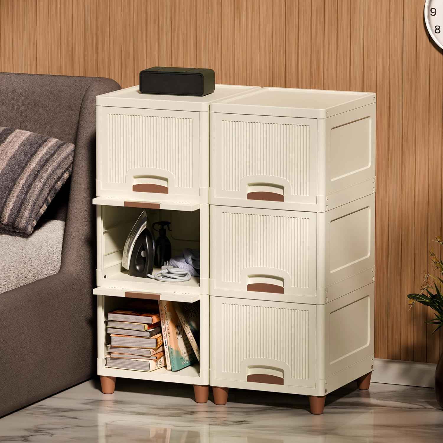 Amazon Basics Multi-Purpose Organizer | Modular Storage Box for Clothes, Kitchen, Bedroom & Living Room | Stackable Rack, Space-Saving Wardrobe Cabinet (Off White), 4 Piece, 33LX38WX27H cm